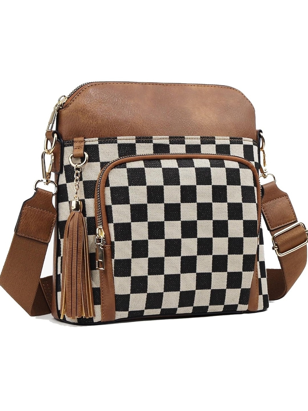 Checkered Canvas Crossbody Bag with Brown Trim